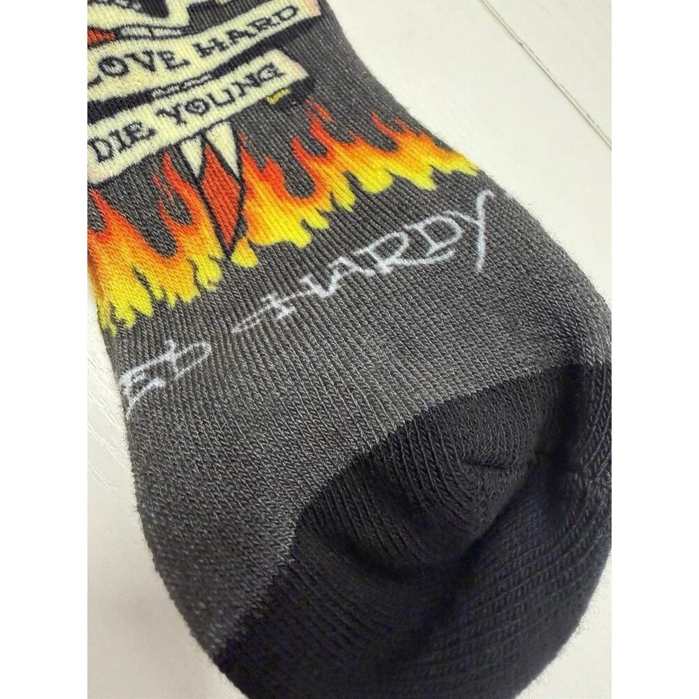Ed Hardy Men's Crew Socks 2 Pairs Black Red Yellow Skull Tattoo 10-13
